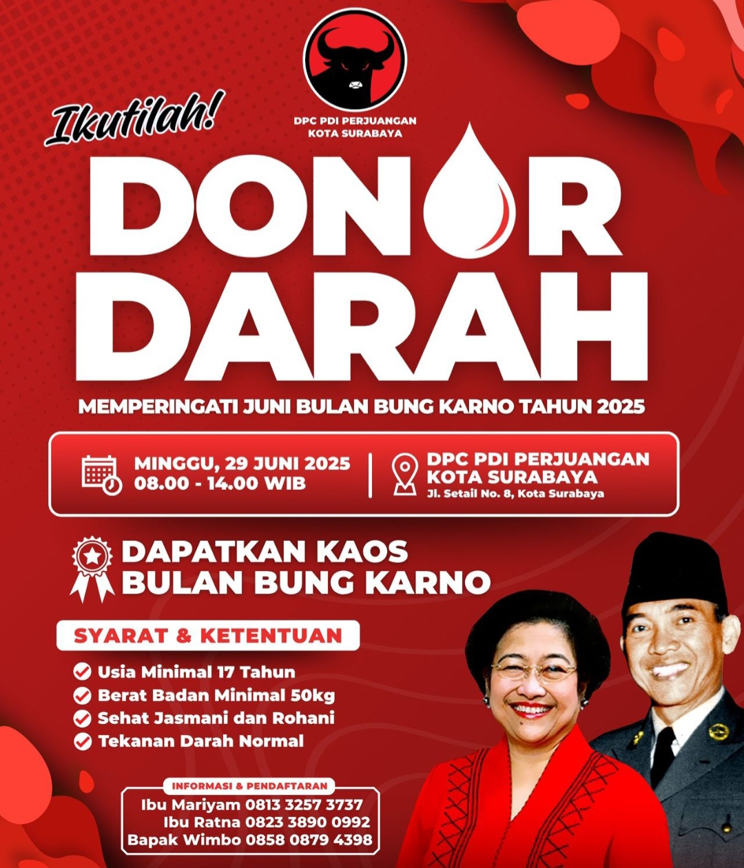Catat Tanggalnya, Meramaikan Bulan Bung Karno DPC PDIP Surabaya Akan Gelar Donor Darah