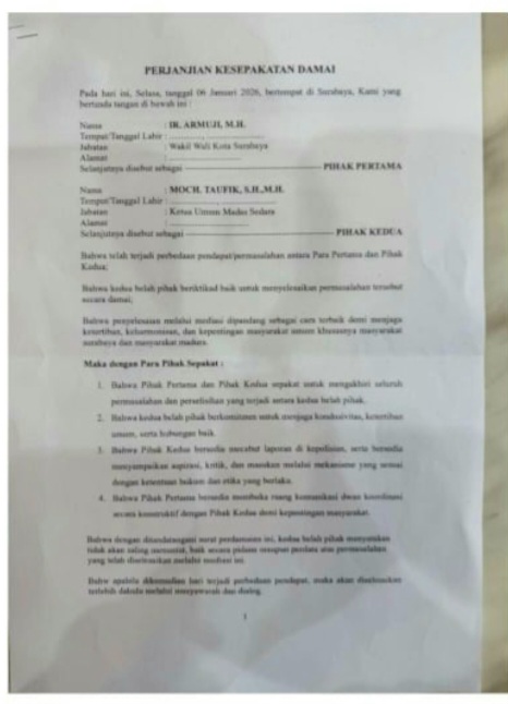 Ini Dia Isi Dokumen Damai Wawali Surabaya Armuji dengan Madas